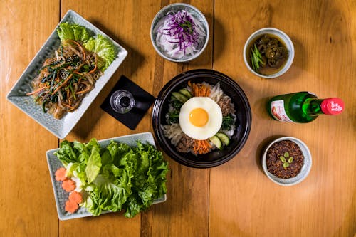 Top View of Soju and a Variety of Korean Food