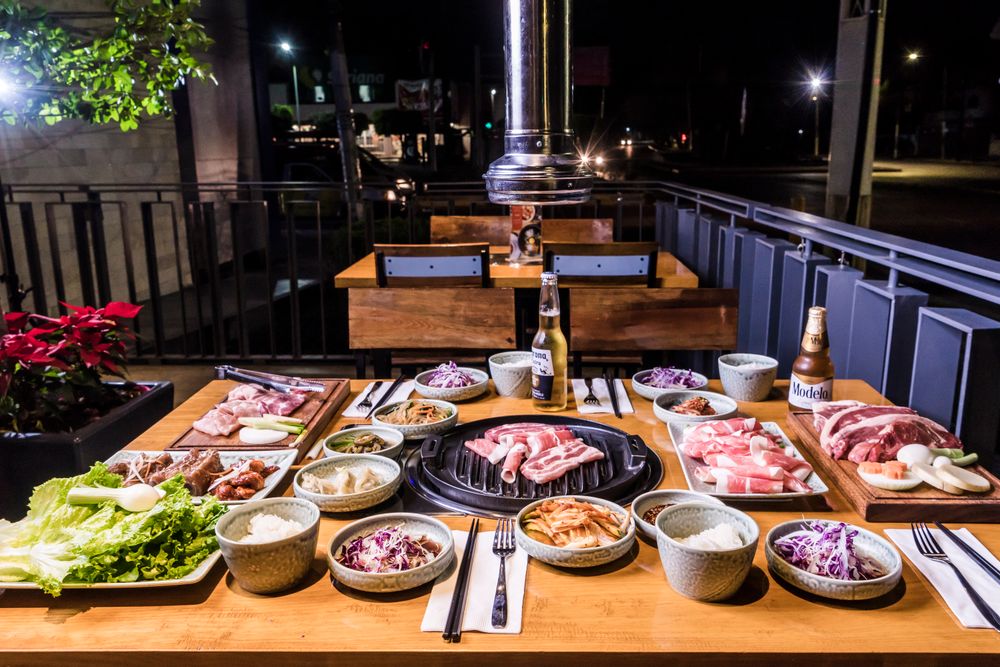 Korean barbecue spread at a Koreatown restaurant