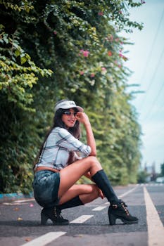 Stylish young woman squatting on a road, wearing denim shorts and plaid shirt, exuding confidence.