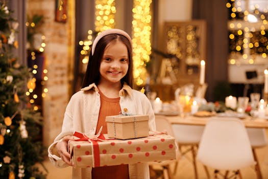 A joyful girl holding Christmas gifts in a festive indoor setting with twinkling lights.