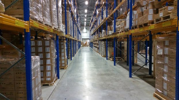Interior view of a large warehouse aisle lined with stacks of organized cardboard boxes.