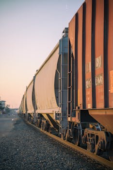 A long freight train stretches along the tracks at sunset. Perfect transportation concept.
