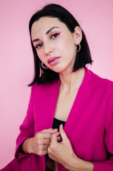 Elegant woman in a fuchsia blazer with loop earrings posed against a pink background.