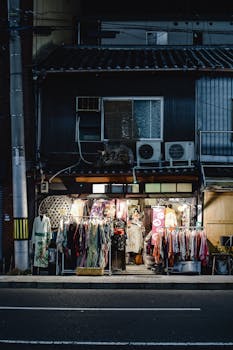 Charming street view of traditional kimono shop in Kyoto at night.