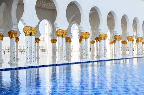 Outside Facade of the Sheikh Zayed Grand Mosque and a Swimming Pool, Abu Dhabi