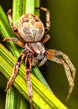 Detailed macro shot of a garden spider resting on green leaves, highlighting its intricate patterns.