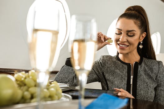 Sophisticated woman savoring grapes and champagne on a private jet.