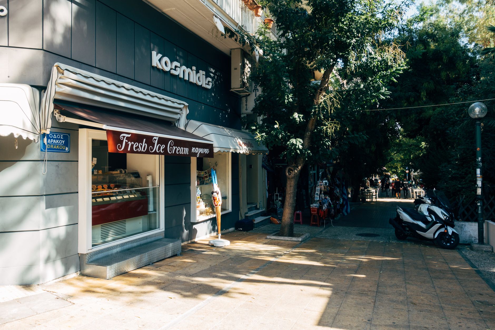 Modern shopping street Ermou in Athens with international brands and boutiques