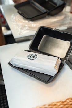 Close-up of a wrapped shawarma in a black takeout box on a table.