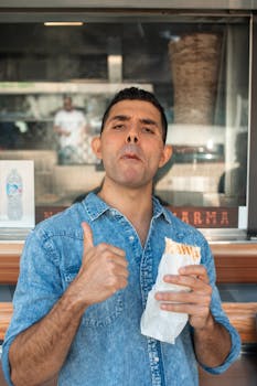 Man giving thumbs up while eating shawarma, expressing enjoyment in an outdoor setting.