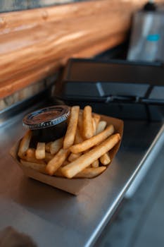 Close-up of crispy French fries in a brown tray with sauce on a table.