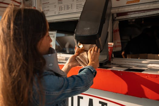 Woman collecting napkins at a food truck on a sunny day.