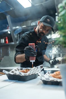Professional chef focuses on perfecting street food dish with precision and care.