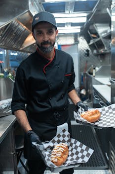 Smiling chef in a food truck presenting gourmet hot dogs, showcasing culinary skills.