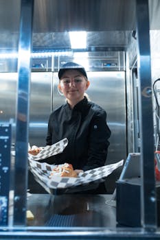 A chef in a food truck serving appetizing street food dishes to customers.