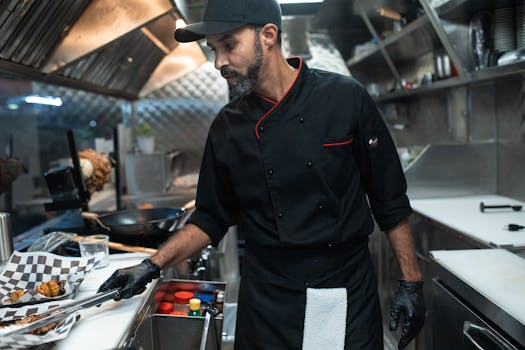 A chef in a food truck kitchen preparing street food with precision and expertise.