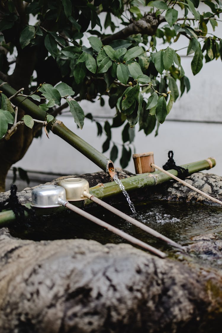 Water Flowing In A Bamboo Pipe