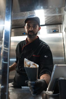 A chef dressed in black presenting a shawarma in a food truck setting.