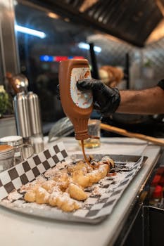 A street food vendor pours caramel sauce over freshly made beignets at a market stall.