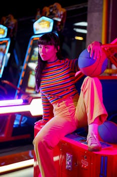 Fashionable young woman posing stylishly in a vibrant arcade environment.