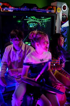 Teenagers having fun in a neon-lit amusement arcade, enjoying an exciting gaming experience.