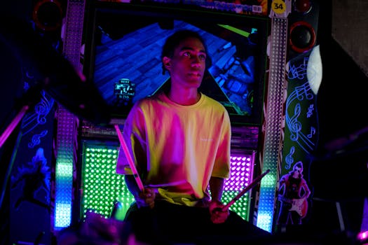 A young African American man plays drums in a vibrant, neon-lit arcade.