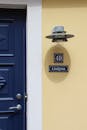 Close-up of Blue Door and a Badge with a Street Name Next to the Entrance