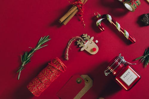 Christmas Ornaments on a Red Surface