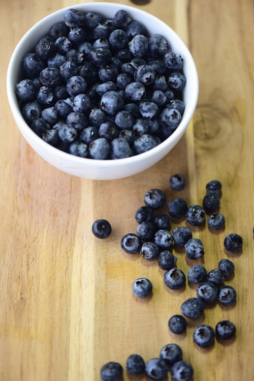 Bowl of Blueberries on Wooden Table