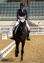 Young female jockey riding horse during training in arena