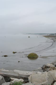 A tranquil beach with rocks and cloudy sky, inviting a peaceful mood.