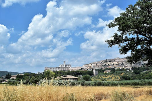 Stunning landscape of Assisi, Italy with Basilica of St. Francis on a sunny day.
