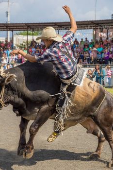 Thrilling moment of a cowboy riding a bull at a lively rodeo event.