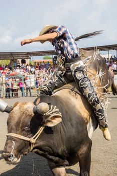 Dynamic image of a cowboy riding a bull at a lively Mexican rodeo event.