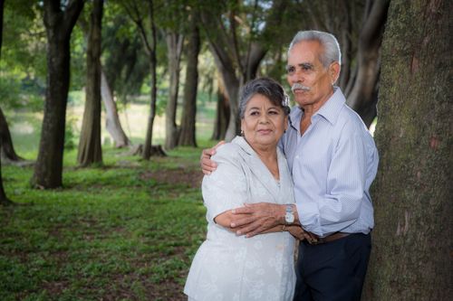Free A loving elderly couple embracing in a tranquil park, surrounded by lush trees. Stock Photo
