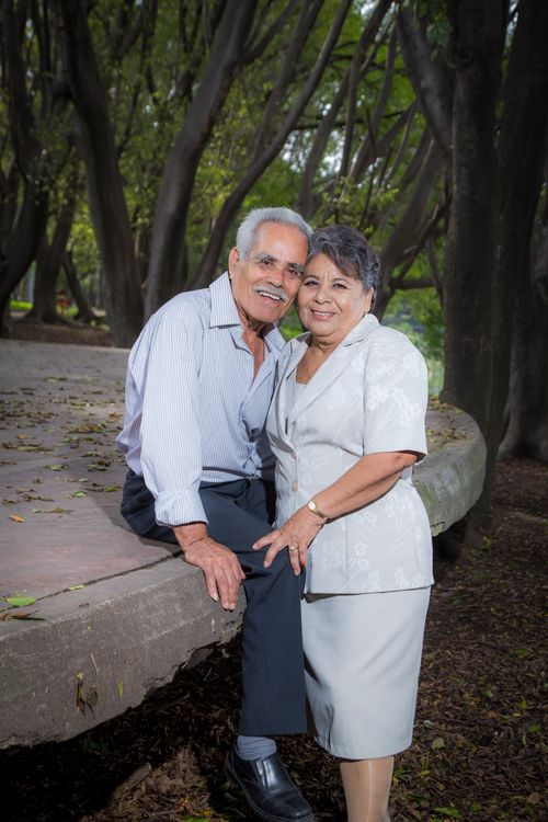 Free An elderly couple joyfully posing together in a serene outdoor setting, surrounded by trees. Stock Photo