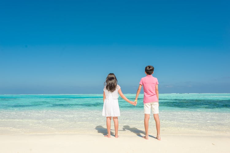 Back View Of Boy And Girl Holding Hands Looking At Turquoise Sea