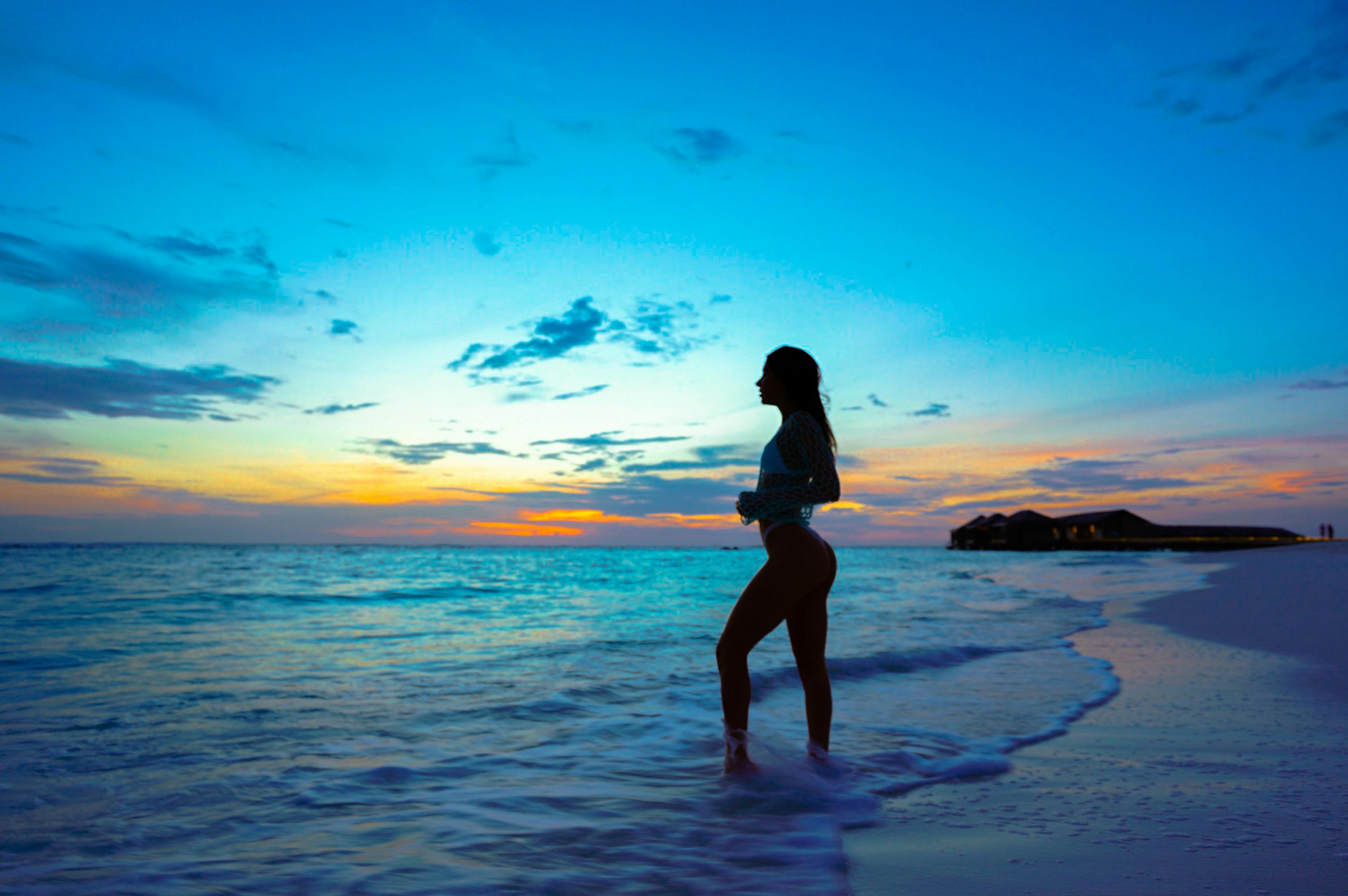 Free Photo: Woman Standing On Beach During Sunset   Backlit, Beach