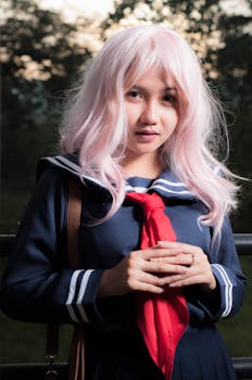 Portrait of a young woman with pink hair in a sailor outfit posing outdoors with a blurred background.
