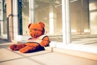 Plush bear in knitwear with American flag ornament on walkway against glass wall reflecting fence in town on sunny day