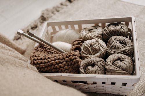 Free Knitting Materials in a White Basket Stock Photo