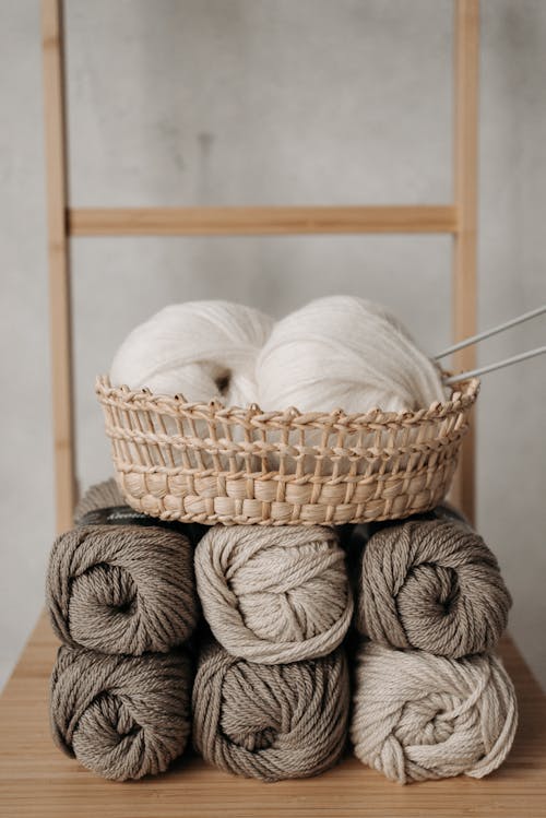 White Yarn in Brown Woven Basket