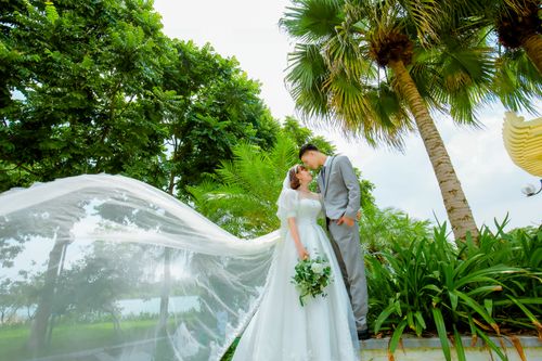 Free Bride and groom share a tender moment outdoors, surrounded by lush greenery and palm trees. Stock Photo