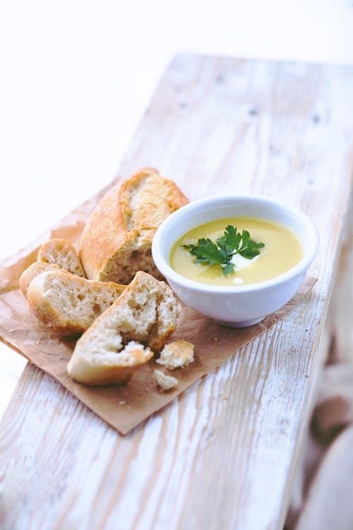 Free Leek and potato soup with bread Stock Photo