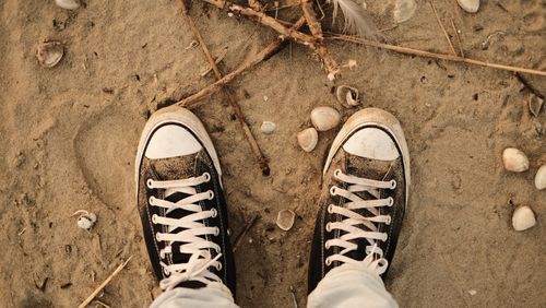 Free From above of crop anonymous person in sneakers standing on sandy beach with shells in daytime Stock Photo