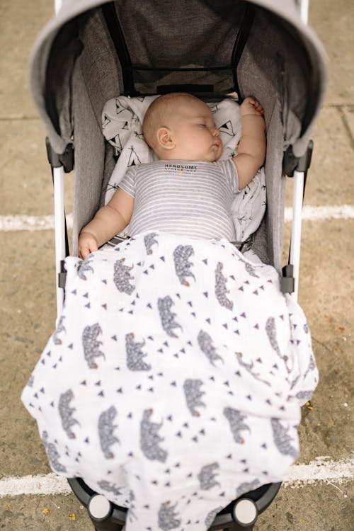 Free Baby in White and Gray Stripe Onesie Sleeping on Stroller  Stock Photo