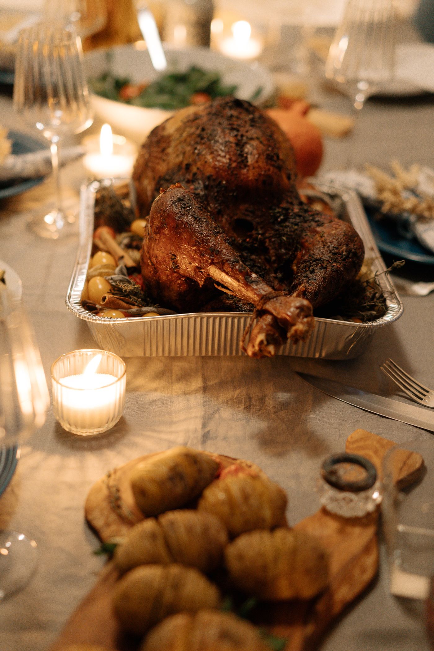 Roasted turkey prepared for a Thanksgiving meal, representing a take-home Thanksgiving feast