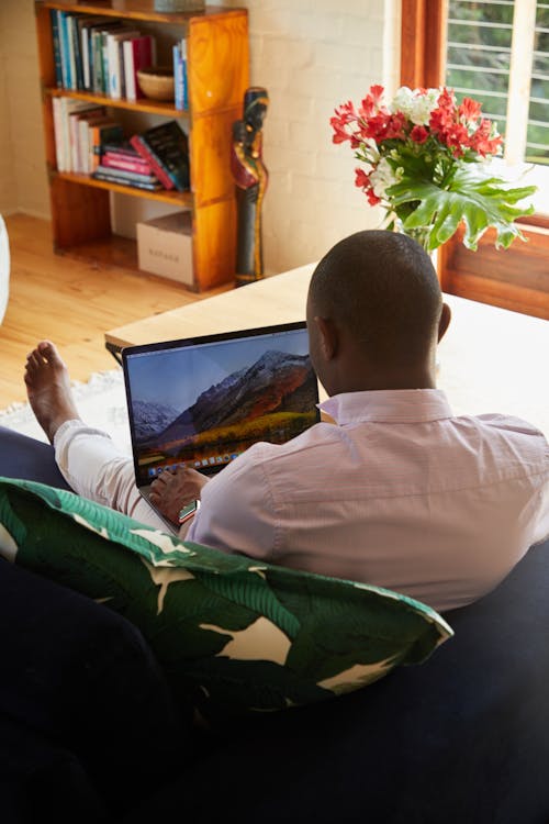 Black man resting in cozy sofa and browsing laptop