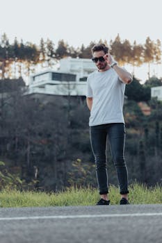A man in sunglasses poses stylishly outdoors, showcasing casual fashion in a serene environment.