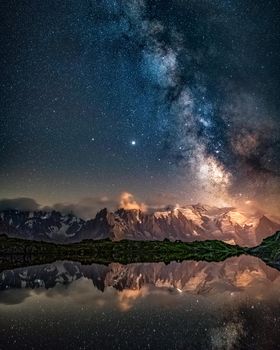 宁静的湖中倒映着勃朗峰上空的银河景观